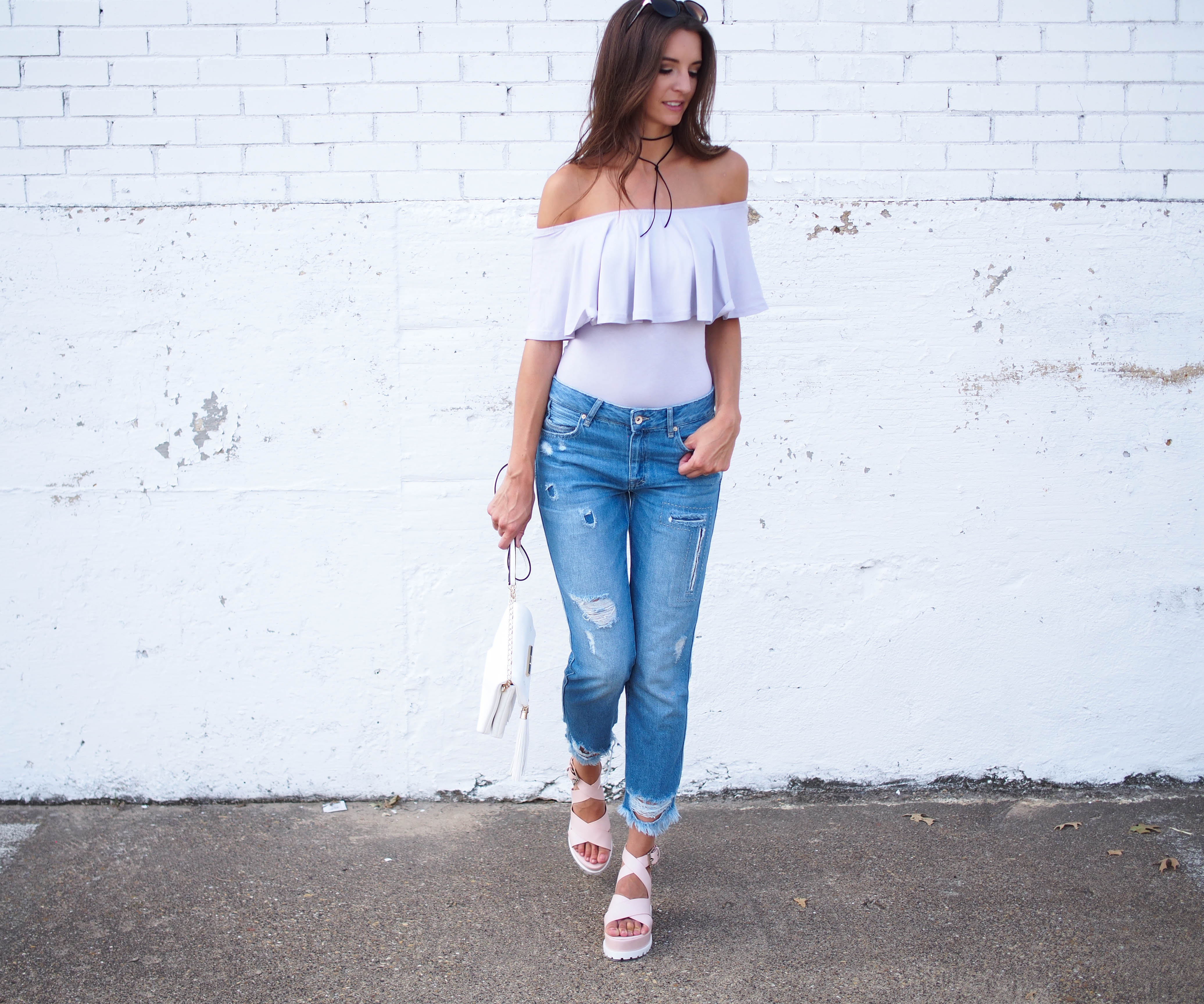 ASOS purple bodysuit and platform sandals