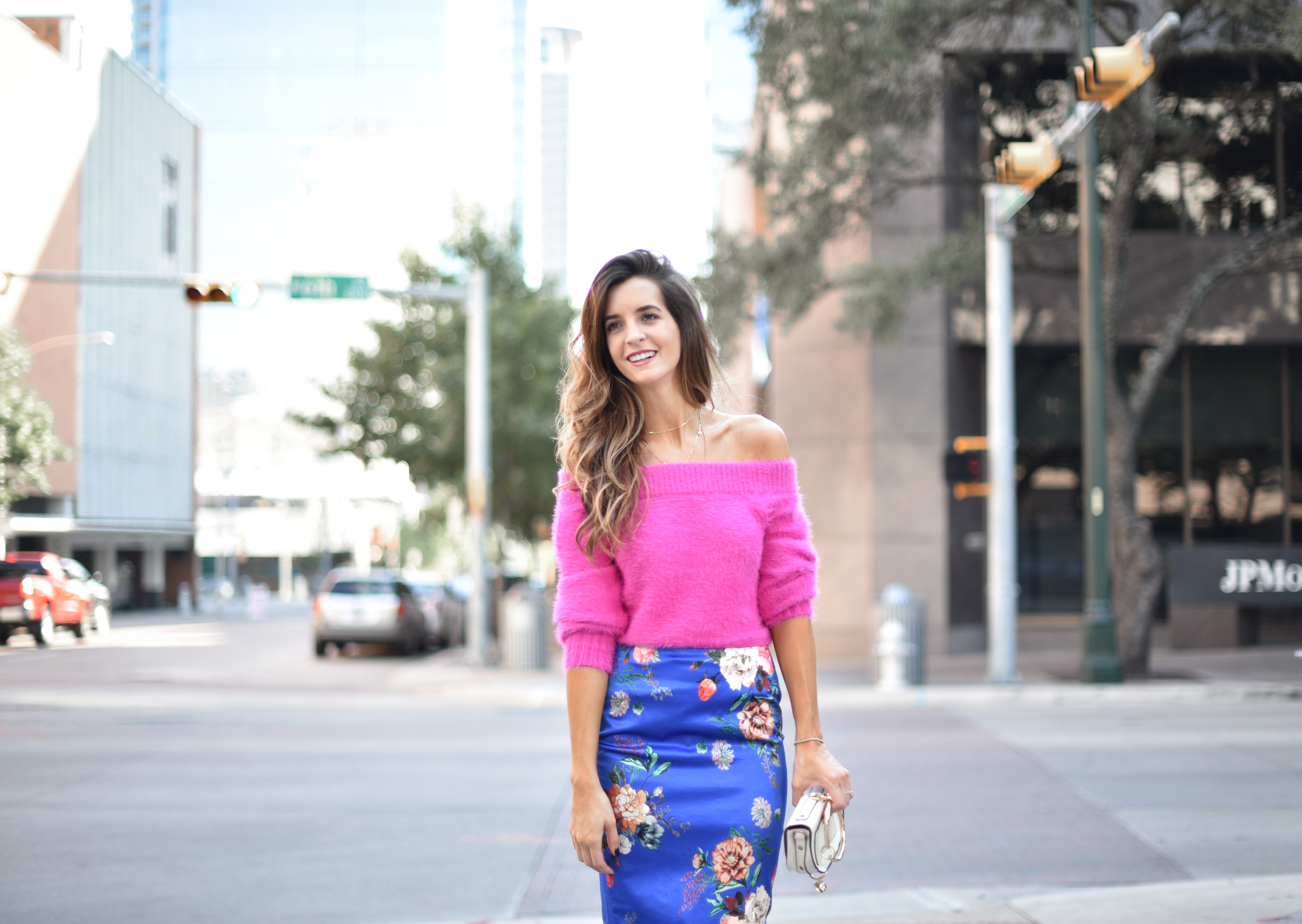 Pink Sweater and Floral Skirt